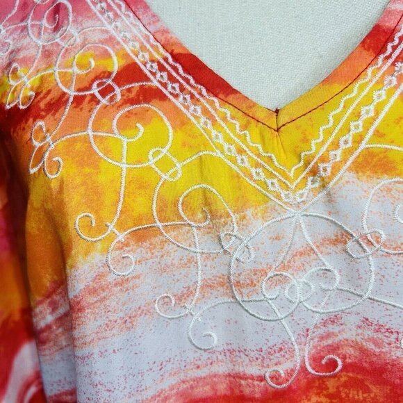 Chicos Sz S/M Overlay Bright Pink Orange Kimono Short Sleeve Poncho Satin - Picture 4 of 10